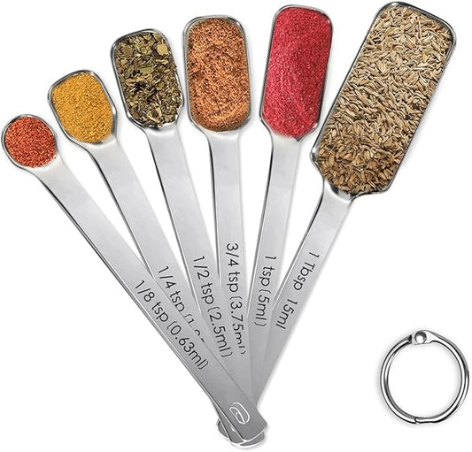 Stainless Steel Measuring Spoons Set of 6, Rectangular Metal Measuring Spoons for Dry & Liquid Ingredients, Slim Design Fits in Spice Jars, Kitchen Gadgets for Baking & Cooking by YUNNKEEY
