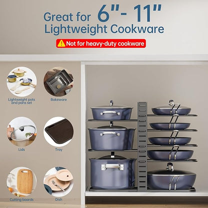 ORDORA Pots and Pans Organizer under Cabinet 14.55 Height, Adjustable 8-Tier Pot Organizers inside Cabinet, Kitchen Organizers and Storage Fit 6-11 inch Lightweight Cookware - Image 8