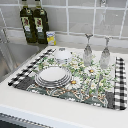Spring Summer Daisy Floral Dish Drying Mat for Kitchen Counter Watercolor Flowers Absorbent Dishes Drainer Rack Mat 18x24 Inch Microfiber Dish Drying Pads Spring Kitchen Drying Dishes Pad Countertops
