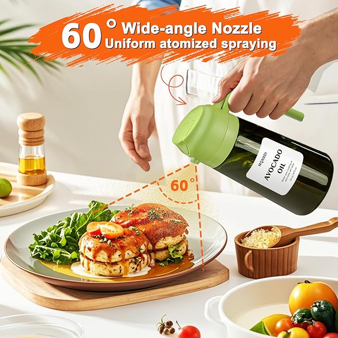 mqnxoi Oil Sprayer for Cooking, 2 in 1 Olive Oil Dispenser Bottle for Kitchen, 16oz/470ml Premium Glass, Food-grade Oil Mister for Air Fryer, Salad, Frying, BBQ (Green + Dark Green Bottle) - Image 4