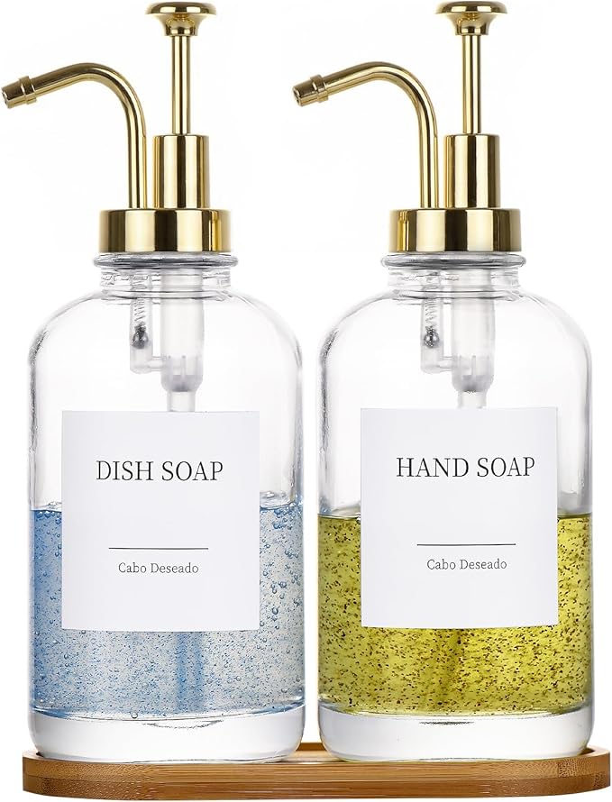 Glass Soap Dispenser with Pump, Dish and Hand Soap Dispenser for Kitchen Bathroom Set, Clear Glass Dispenser Set of 2 Pack with 18 Stickers Funnel Bamboo Tray 500ml 18oz / Each Bottle Gold Pump by CaboDeseado