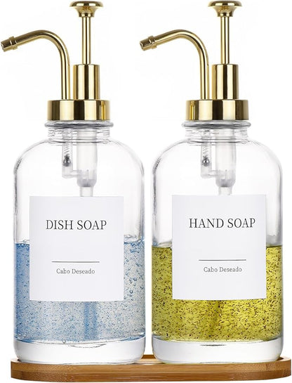 Glass Soap Dispenser with Pump, Dish and Hand Soap Dispenser for Kitchen Bathroom Set, Clear Glass Dispenser Set of 2 Pack with 18 Stickers Funnel Bamboo Tray 500ml 18oz / Each Bottle Gold Pump by CaboDeseado