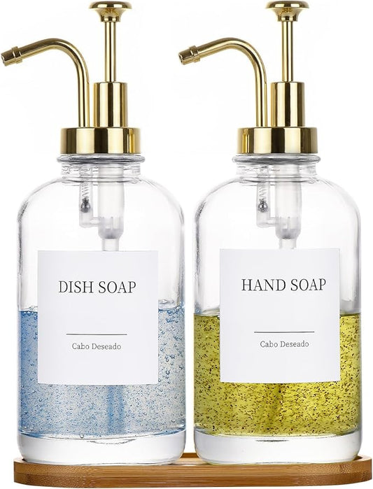 Glass Soap Dispenser with Pump, Dish and Hand Soap Dispenser for Kitchen Bathroom Set, Clear Glass Dispenser Set of 2 Pack with 18 Stickers Funnel Bamboo Tray 500ml 18oz / Each Bottle Gold Pump by CaboDeseado