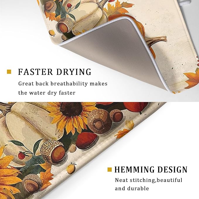 Happy Thanksgiving Day Harvest Dish Drying Mat for Kitchen Counter,Sunflower Maple Leaves Pumpkin Drying Mat 18 x 24 Inch with Absorbent Reversible Microfiber Dish Drying Pad for Coffee Bar - Image 3