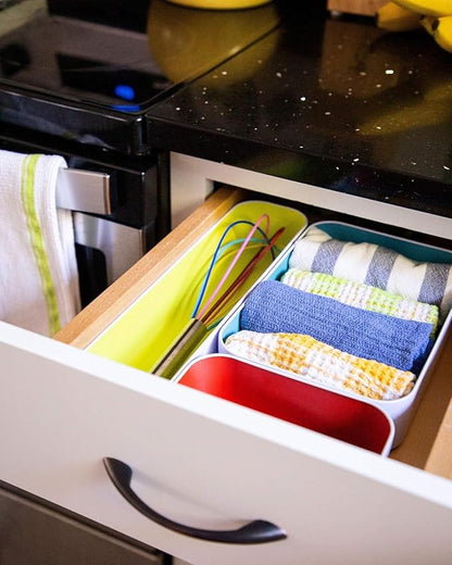 Three by Three Seattle 5 Piece Metal Organizer Tray Set for Storing Makeup, Stationery, Utensils, and More in Office Desk, Kitchen and Bathroom Drawers (2 Inch, Assorted Colors) - Image 6
