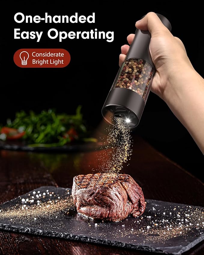 Upgraded Larger Capacity Electric Salt and Pepper Grinder Set Rechargeable with LED lights, Stainless Steel Automatic Pepper and Salt Grinder Refillable with 5 Adjustable Coarseness Black - White - Image 2