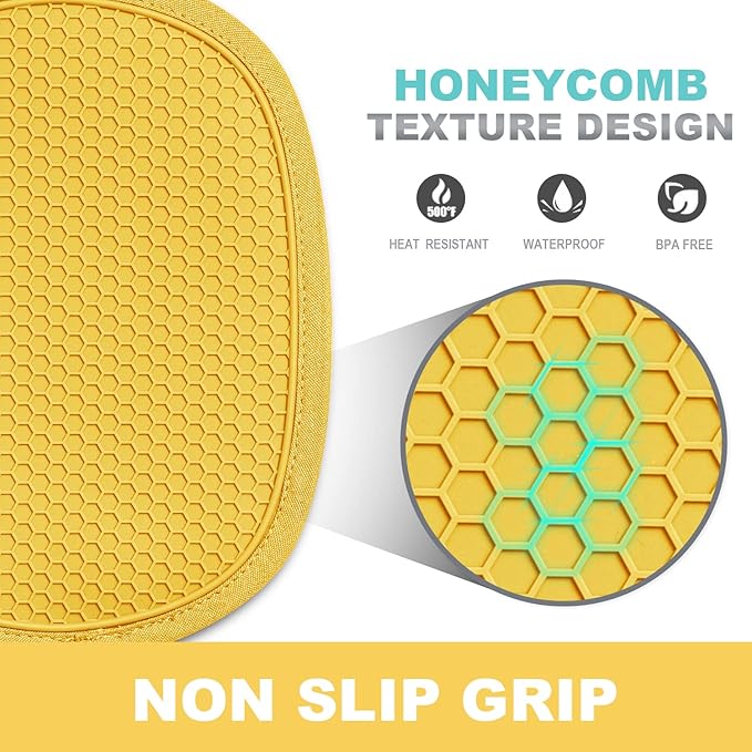 2-Pack Silicone Pot Holders for Kitchen Heat Resistant up to 500°F, Non-Slip Large Hot Pads with Pocket, Quilted Liner Trivets for Countertops Hot Pots and Pans (Yellow) - Image 3