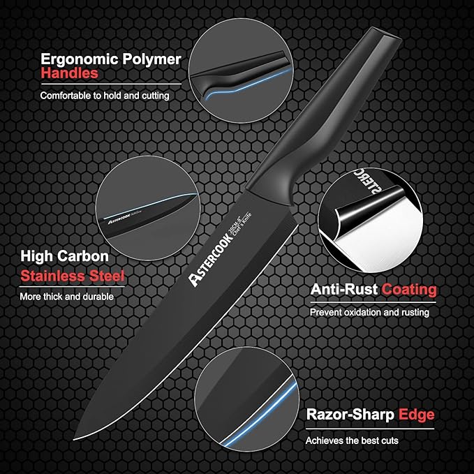 Knife Set, Astercook 21 Pieces Knife Sets for Kitchen with Block, Dishwasher Safe Kitchen Knife Set with Built-in Sharpener, German Stainless Steel Black Knife Block Set Mothers Day Gifts - Image 3