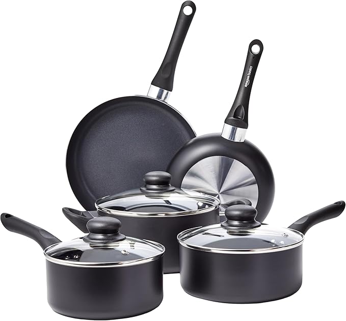 Amazon Basics Non-Stick Kitchen Cookware 8-Piece Set, Non-Induction, Includes Pots and Pans, Black by AmazonBasics