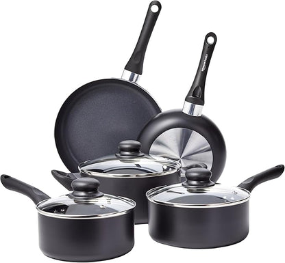 Amazon Basics Non-Stick Kitchen Cookware 8-Piece Set, Non-Induction, Includes Pots and Pans, Black by AmazonBasics