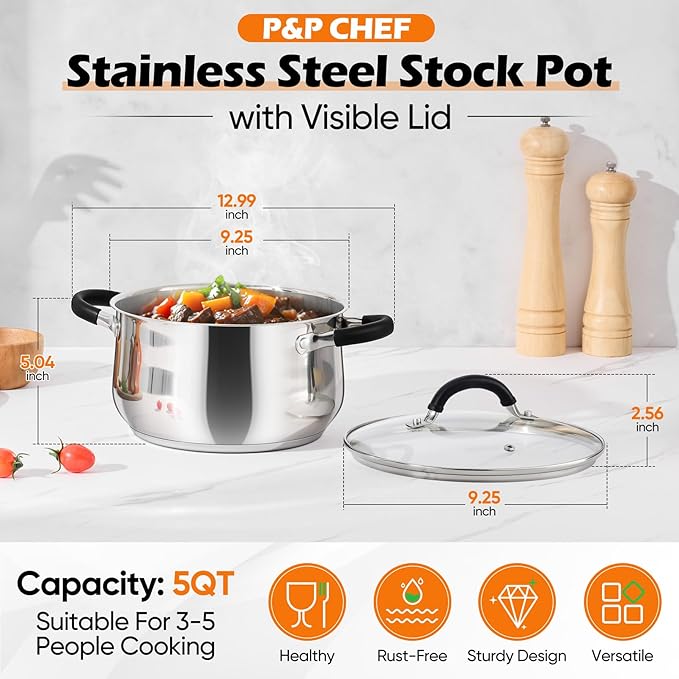 P&P CHEF Stainless Steel Stock Pot, 5 Qt Cooking Soup Pot with Visible Lid for Pasta, Tri-Ply Bottom & Dual Heatproof Handles, For Induction Gas All Stoves, Non-Toxic & Dishwasher Safe - Image 2