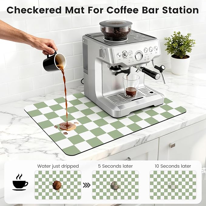 12" x 20" Checkered Dish Drying Mat for Kitchen Counter, Absorbent Coffee Bar Mat for Espresso Machine Coffee Countertops Accessories, Sage - Image 3