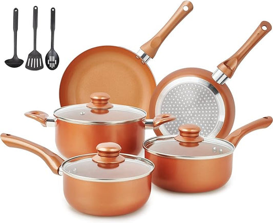 M MELENTA Pots and Pans Set Ultra Nonstick, Pre-Installed 11pcs Cookware Set Copper with Ceramic Coating, Stay cool handle & Nylon Kitchen Utensils, Gas/Induction Compatible, 100% PFOA Free by MMELENTA