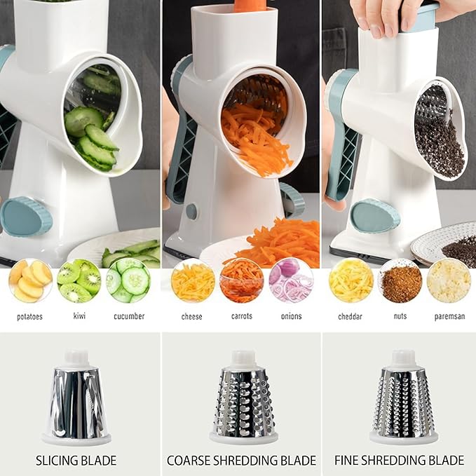 Cheese Grater Hand Crank Rotary Vegetables Shredder with Handle, 3-in-1 Graters with Interchangeable Blades and Non-slip Base Multifunctional Slicer for Kitchen - Image 2