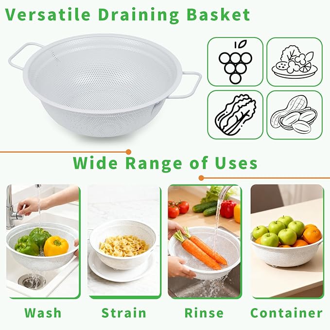 Colander Set with White Coating, Stainless Steel Micro-Perforated Colanders Strainers for Draining Rinsing Washing, Ideal for Vegetables Fruits, Heavy Duty & Dishwasher Safe - Image 6