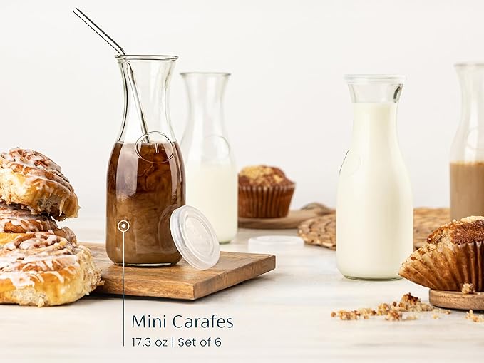 Glass Carafe Pitchers, by Kook, Mini Carafes- set of 6, Beverage Dispensers, Clear Jugs For Mimosas, Water, Wine, Milk and Juice, with Plastic Lids, Dishwasher Safe 17.3 oz - Image 6