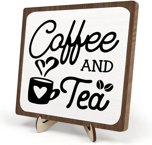 Coffee Bar Sign Plaque, Coffee Signs for Coffee Station, Vintage Coffee Sign Decor for Kitchen, Coffee Bar Accessories, Coffee Themed Gifts, Farmhouse Cafe Sign,Coffee & Tea Bar Decor Signs (White&Brown, 5.9x5.9inches) by DMADNF
