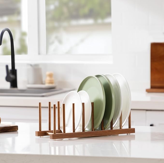 HBlife 4pcs Acacia Wooden Dish Dying Rack Pot Lid Plate Organizer Holder for Cabinet, Cutting Board Stand Drainer Storage Plate Rack for Dish, Pot Lid, Bowl, Cup, Cutting Board and Books - Image 7