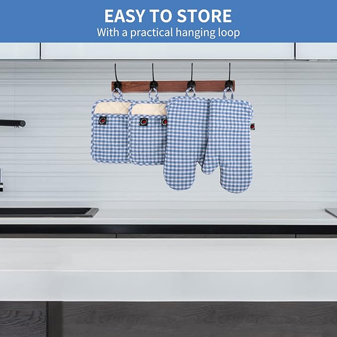 Oven Mitts and Potholders Gloves-Oven Mitts and Pot Holders (Blue Grid) - Image 5