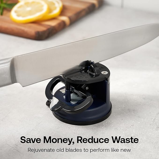AnySharp – Editions – Hands Free Knife Sharpener - Easy to Use Sharpening Tool with PowerGrip Suction Base and 20-Degree Pre-Set Angle - for All Knives: Chef's, Serrated, and Hardened Steel - Navy - Image 7