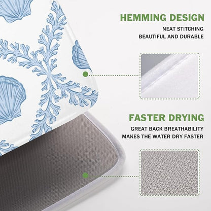 Summer Sea Shell Drying Mat 18x16 Inch, Light Blue Drying Mat with Absorbent Reversible Microfiber, Coastal Dish Drainer Mats Holiday Ocean Rack Pad for Coffee Countertop Kitchen Protector