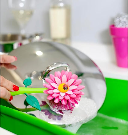 Vigar Flower Power Dish Brush with Handle and Vase Dish Brush Holder, Kitchen Scrub Brush for Pot Scrubber, Dishes, and Sink Cleaning, Pink, Green - Image 2