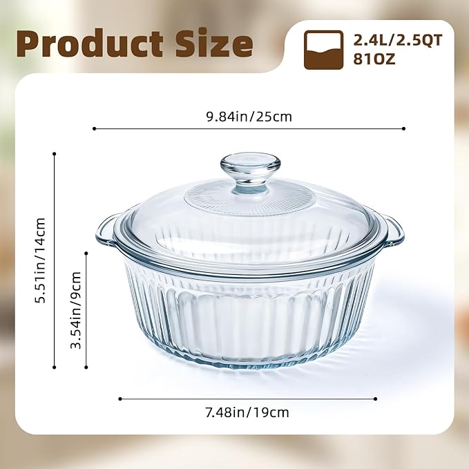 Luvan 2.4L/2.5Qt Round Glass Casserole Dish with Lid, Clear Baking Dish with Handles for Baking, Cooking & Serving, High Borosilicate Lead-Free Glass cookware, Oven, Microwave, Freezer & Dishwasher Safe - Image 2