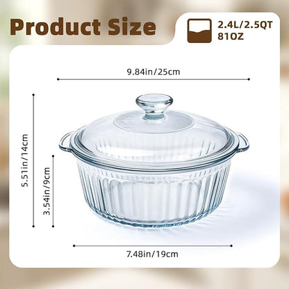 Luvan 2.4L/2.5Qt Round Glass Casserole Dish with Lid, Clear Baking Dish with Handles for Baking, Cooking & Serving, High Borosilicate Lead-Free Glass cookware, Oven, Microwave, Freezer & Dishwasher Safe - Image 2