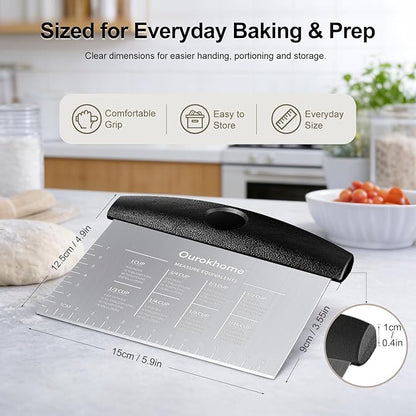 Ourokhome 2 Pack Bench Scraper Dough Cutter, Stainless Steel Dough Scraper with Laser-Etched Scale, Conversion Chart, Non-Slip Handle, Dishwasher Safe for Bread & Pastry, Black - Image 2