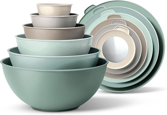 COOK WITH COLOR Nesting Mixing Bowls - 12 Piece Plastic Bowl Set with Lids, Microwave Safe (Mint Ombre) by CookwithColor