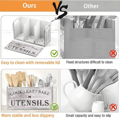 Utensil Holder,Wooden Utensil Holder for Kitchen Counter, Cooking Utensil Organizer with 3 Compartments,Utensil Crock for Silverware Spoon Spatula - Image 8