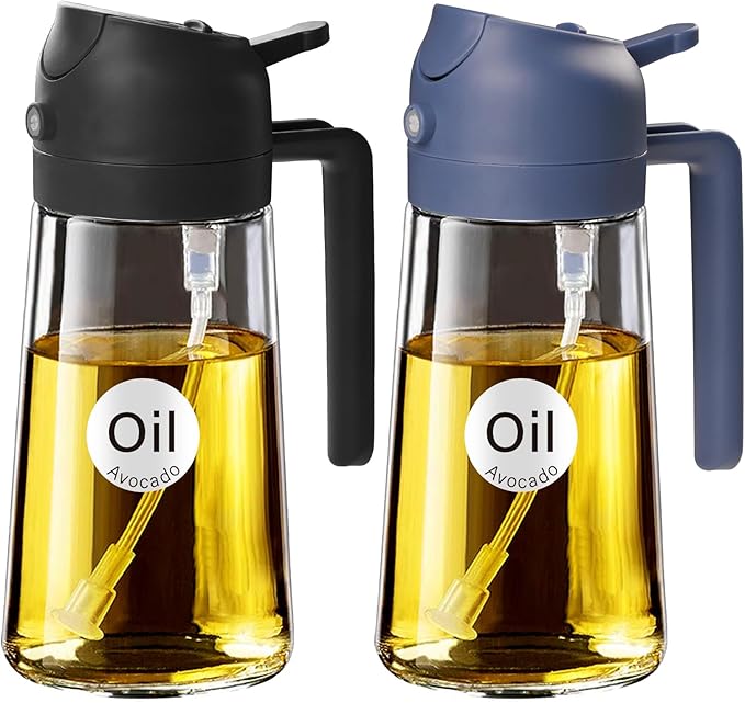 YARRAMATE 2Pcs 16oz/470ml Glass Olive Oil Sprayer for Cooking with Stickers, 2 in 1 Oil Dispenser for Kitchen Gadgets, Food Grade Premium Spray Bottle with Portion Control for Salad, BBQ (Black&Navy) by YARRAMATE