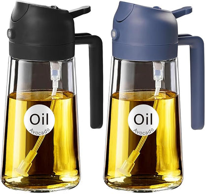 YARRAMATE 2Pcs 16oz/470ml Glass Olive Oil Sprayer for Cooking with Stickers, 2 in 1 Oil Dispenser for Kitchen Gadgets, Food Grade Premium Spray Bottle with Portion Control for Salad, BBQ (Black&Navy) by YARRAMATE