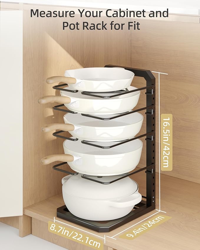Pots and Pans Organizer under Cabinet, 5 Adjustable Tiers Heavy-Duty Pan Pot Organizer with 16.5" Height, Holds 55 LB - Cast Iron Skillets, Griddles, Shallow Cookware - Image 2