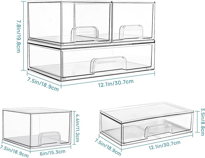 Vtopmart Stackable Storage Drawers Set of 3,Clear Plastic Organizer Bins for Makeup, Cosmetics, Beauty Supplies,Ideal for Vanity, Bathroom,Cabinet,Pantry Organization - Image 3