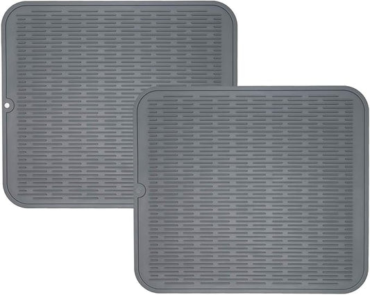 ZLR 2 Pcs Large Silicone Dish Drying Mat (16" x 18") - XL Heavy Duty Drainboard Mat for Pots, Pans & Family Loads - Heat Resistant Trivet & Counter Protector, Easy Clean (Dark Gray) by ZLR