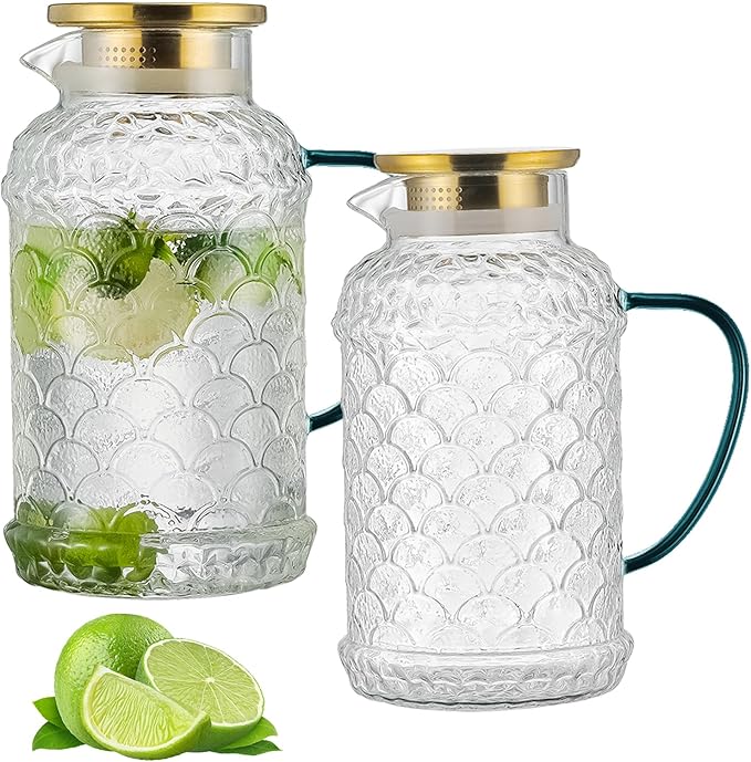 Buaic 2 PACK Glass Pitcher with Lid,68 oz/2 Liter Fish Scale Design Water Pitcher,Clear Borosilicate Glass Water Carafe for Cold Brew, Coffee, Lemonade, Iced Tea,Heat Resistant Water Glass Jug by Buaic