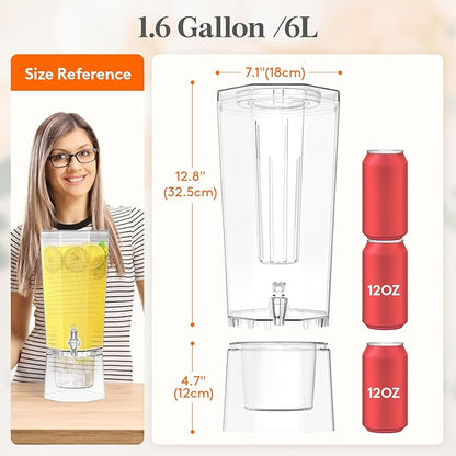 Lifewit 1.6 Gallon Drink Dispenser for Parties 2 Pcs, Large Plastic Beverage Container for Juice/Tea/Soda with Stand & Ice Core, Clear Lemonade Dispenser with Spigot, BPA Free Water Pitcher for Fridge - Image 2