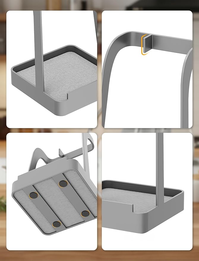 NiHome Upgraded Pot Lid and Spoon Rest with Diatomite Absorbent Tray & Silicone Anti-Slip Pad – Sturdy Metal Frame, Multifunctional Ladle Holder for Kitchen Countertop, 3.9"x3.9"x6" (Gray) - Image 6