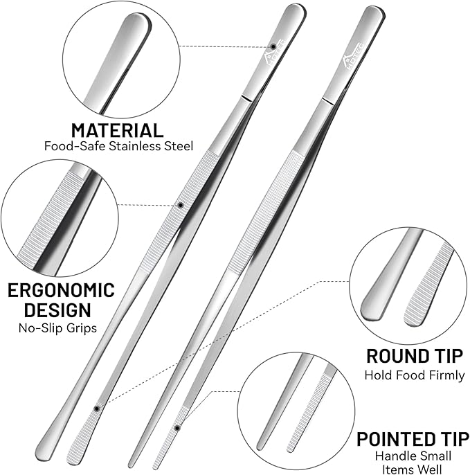 HOTEC Kitchen Tweezers Tongs Stainless Steel Professional Chef Tweezers, Set of 2-12inch Extra-Long Food Tongs for Cooking,Grill and Baking - Image 5