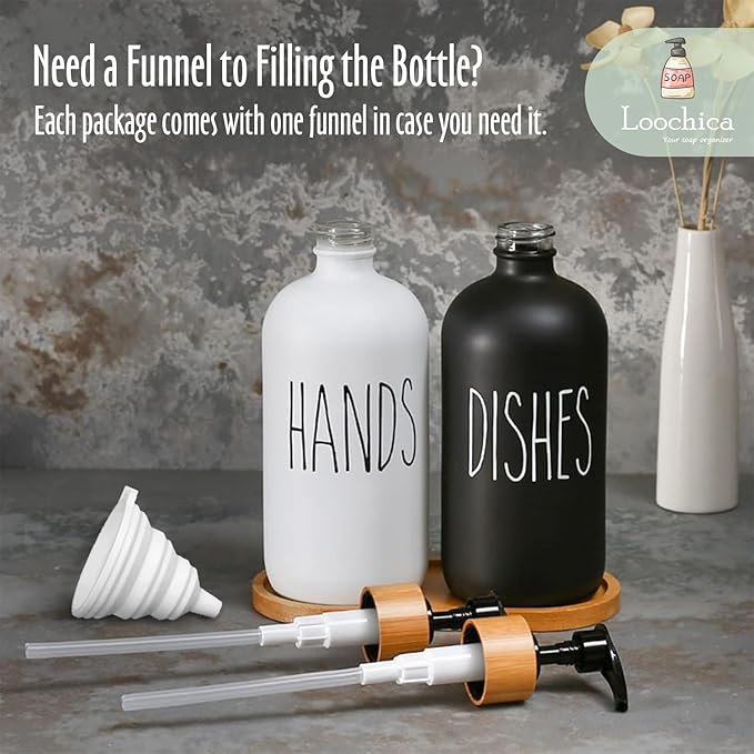 LOOCHICA 2 Pack Glass Soap Dispenser Set with Tray, Hand and Dish Glass Soap Dispensers for Kitchen Sink, Kitchen Soap Dispenser Set Suitable for Black and White Kitchen Decor - Image 9