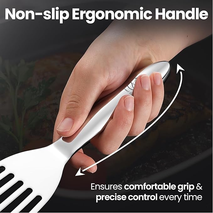 Stainless Steel Fish Spatula Set – 1 Large Fish Turner + 1 Small Metal Spatula, Ultra-Thin Edge for Easy Turning & Flipping, Metal Kitchen Utensils with Ergonomic Non-Slip Handle, Dishwasher Safe - Image 4