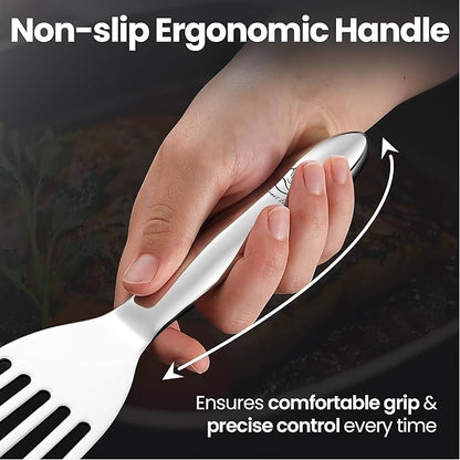 Stainless Steel Fish Spatula Set – 1 Large Fish Turner + 1 Small Metal Spatula, Ultra-Thin Edge for Easy Turning & Flipping, Metal Kitchen Utensils with Ergonomic Non-Slip Handle, Dishwasher Safe - Image 4