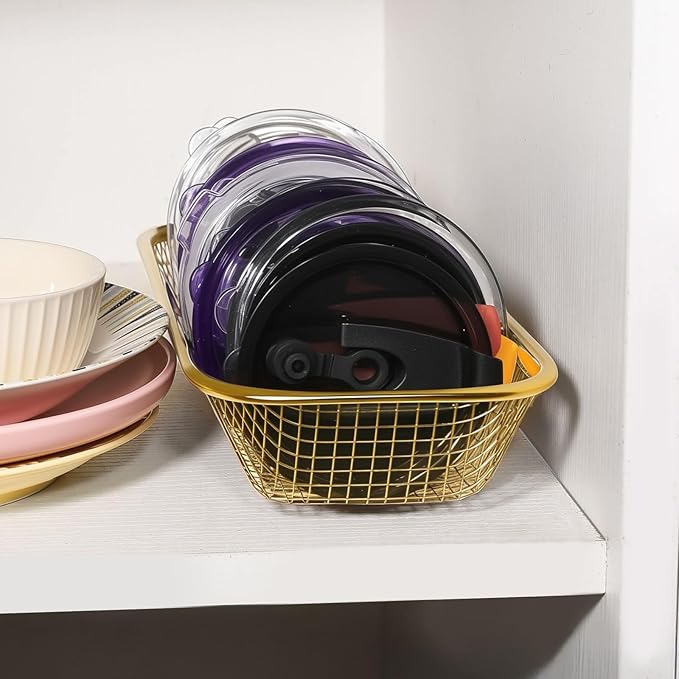 2Pack Stainless Steel Tumbler Cup Lid Organizer Inside Cabinet, Mason Jar Lid Holder, Rectangular Basket for Storage of Silverware, Chopsticks, straws and Utensils, Gold - Image 9