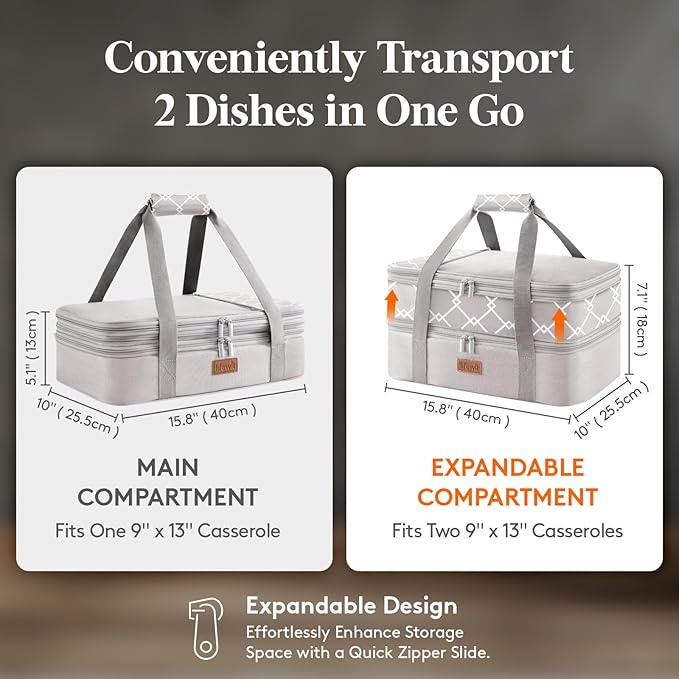 Lifewit Insulated Double Decker Casserole Carrier, Expandable Lasagna Lugger Tote Bag for Hot or Cold Food, Fits 9" x 13" Baking Dish for Potluck Parties, Picnic and Cookouts, Grey-Geometric