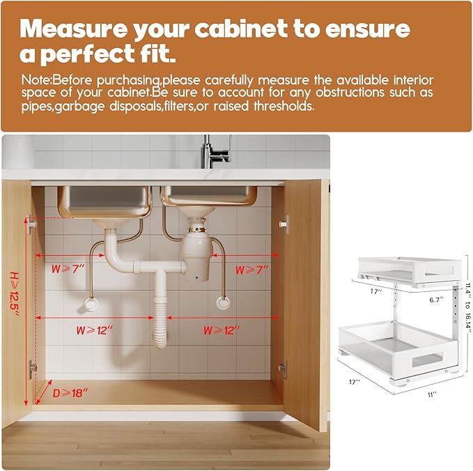 2 Pack 17IN Depth Under Sink Storage Organizer, Large 2-Tier Elegant Mesh Pull Out Shelf for Kitchen and Bathroom Cabinet Organization, L-Shaped and Adjustable Height Design-White - Image 2