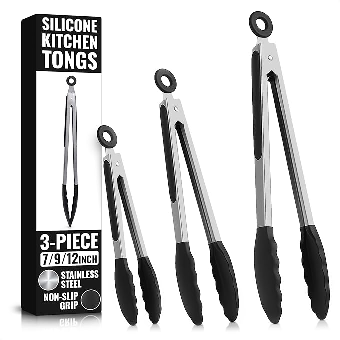 Kitchen Tongs Set of 3-7/9/12" Silicone Tipped Tongs for Cooking with Stainless Steel Build for Heat Resistant Handling, Non Stick & Easy-Lock Storage – Versatile Set for Meat Flipping & Salad Prep by Lagarto