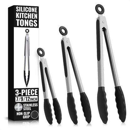Kitchen Tongs Set of 3-7/9/12" Silicone Tipped Tongs for Cooking with Stainless Steel Build for Heat Resistant Handling, Non Stick & Easy-Lock Storage – Versatile Set for Meat Flipping & Salad Prep by Lagarto