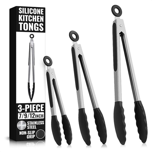 Kitchen Tongs Set of 3-7/9/12" Silicone Tipped Tongs for Cooking with Stainless Steel Build for Heat Resistant Handling, Non Stick & Easy-Lock Storage – Versatile Set for Meat Flipping & Salad Prep by Lagarto