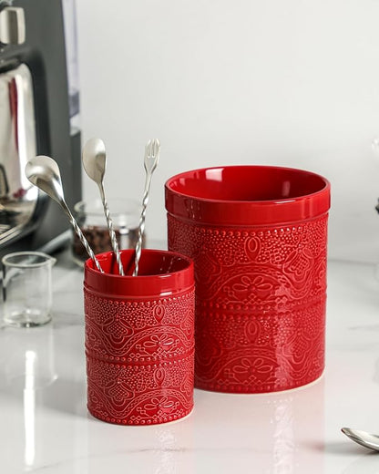 FUN ELEMENTS Kitchen Utensil Holder, 7.2+5.5" Super Large Utensil Crock Heavy and Stable Lace Emboss Ceramic Utensil Holder for Kitchen Counter (2Pcs Christmas Red) - Image 5